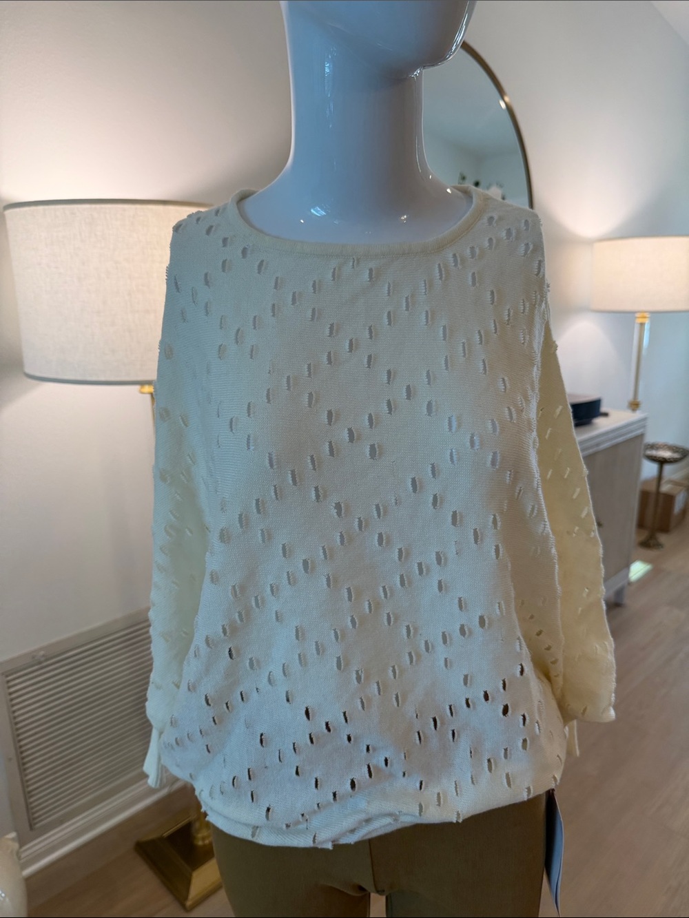 Light Cream Openwork Crewneck Sweater - Women's Lightweight Knit